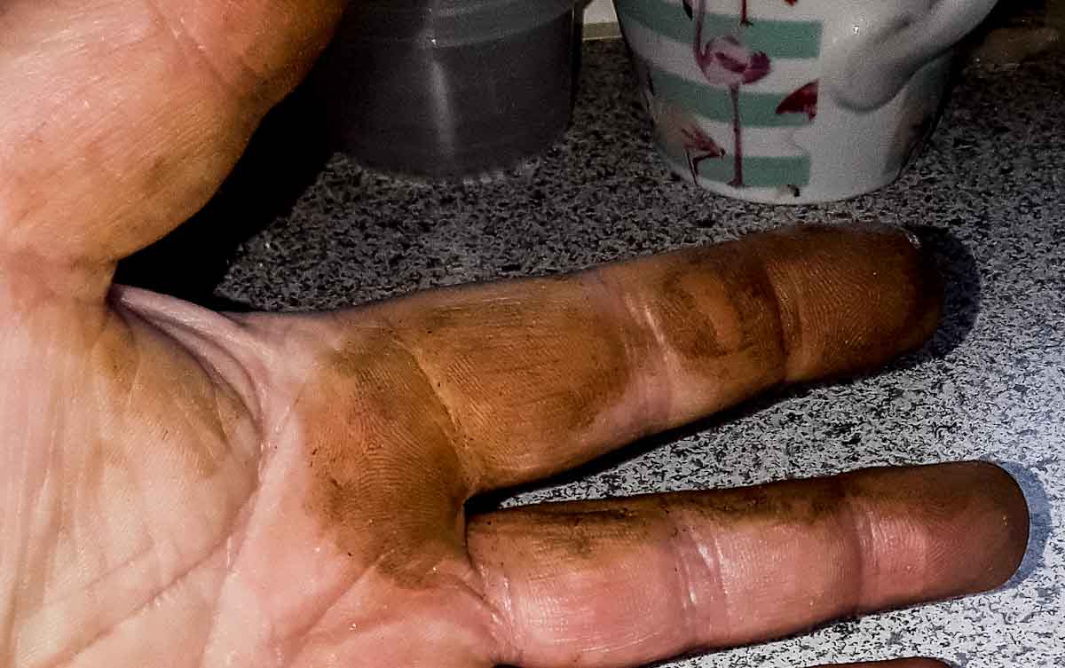 Walnussschalen, gefärbte Finger